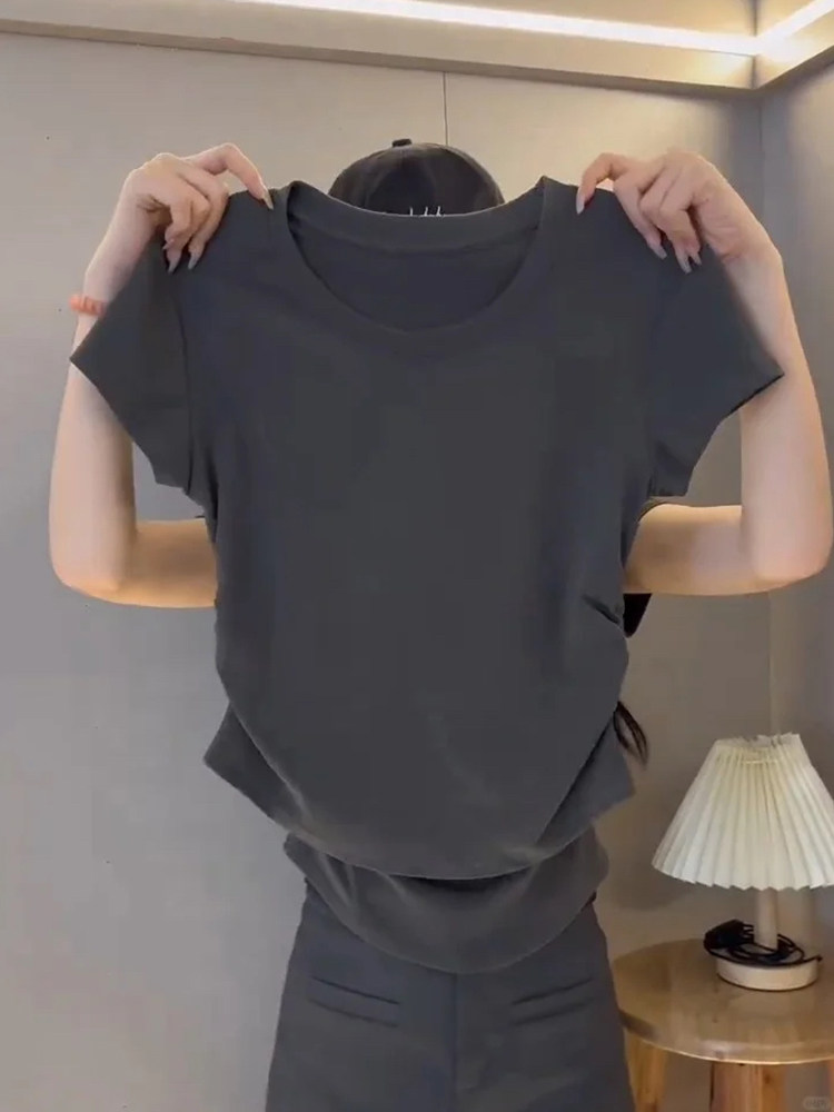 欧货高端大牌短袖t恤女夏季褶皱收腰体恤衫时尚洋气灰色圆领上衣