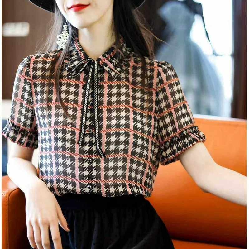 阿玛施旗舰店官网2020新款复古经典千鸟格雪纺系带短袖衬衫上衣女