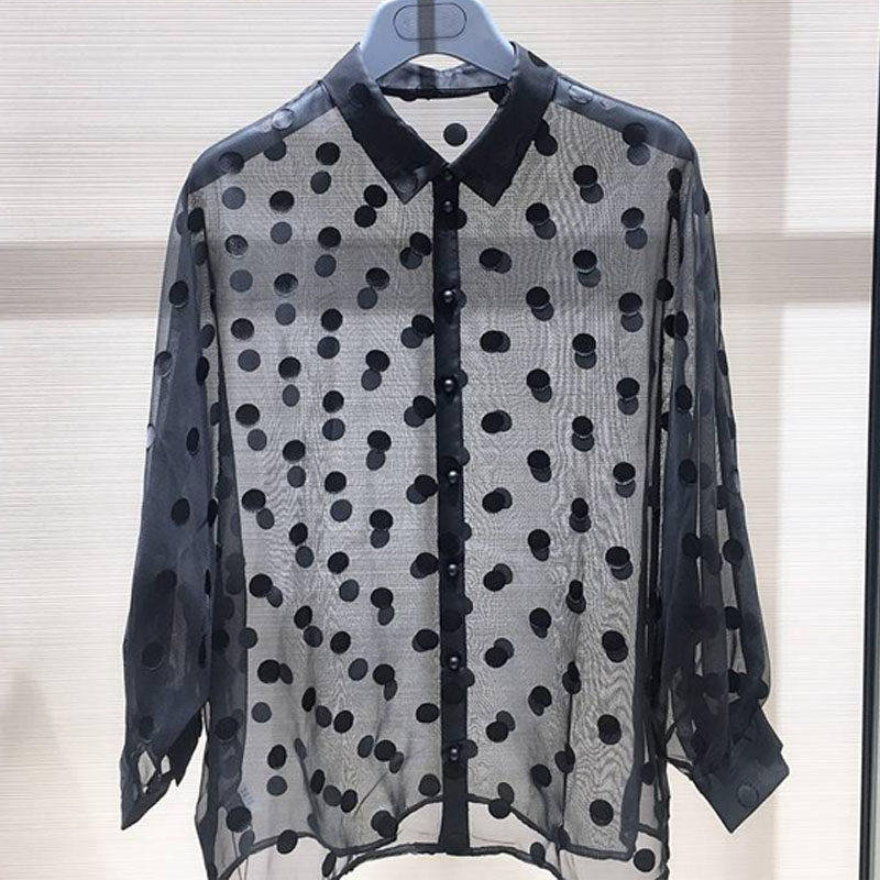 阿瑪施旗舰店官网2020春装新款黑色波点宽松薄款九分袖衬衫女外搭