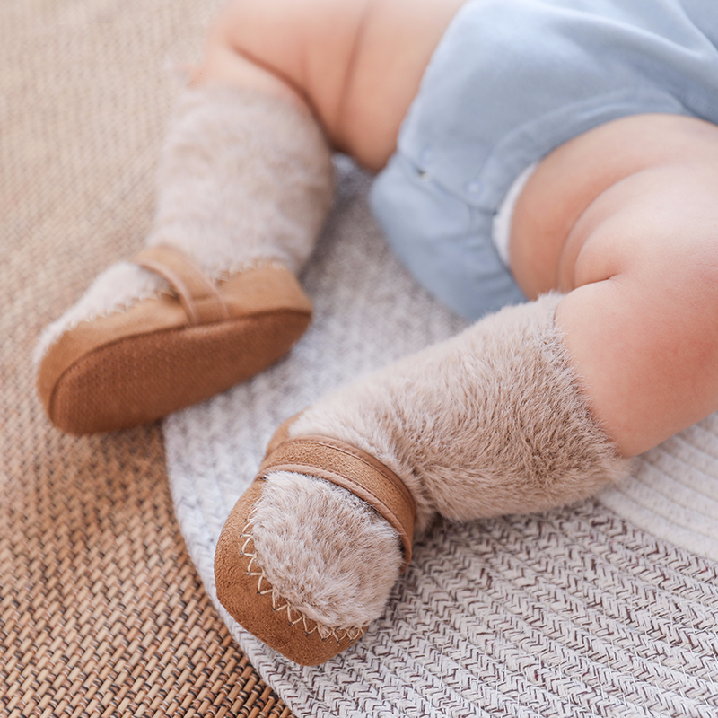 新生婴儿初生儿宝宝防滑袜子软底学步地板袜冬季加厚加绒保暖鞋袜