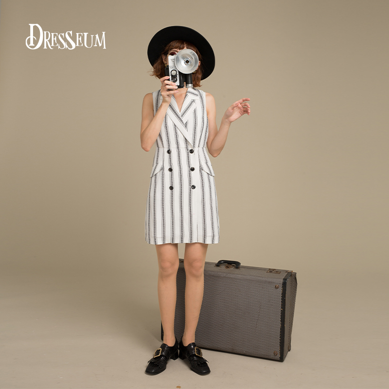 从前从前Dresseum 空气对白双排扣V领连衣裙女夏时尚百搭条纹裙