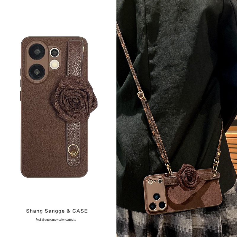 月坑纹玫瑰花腕带适用vivoS30手机壳vivoS20新款复古S19Pro斜跨可背S18高级感S17保护套全包S16女款S15挂绳12