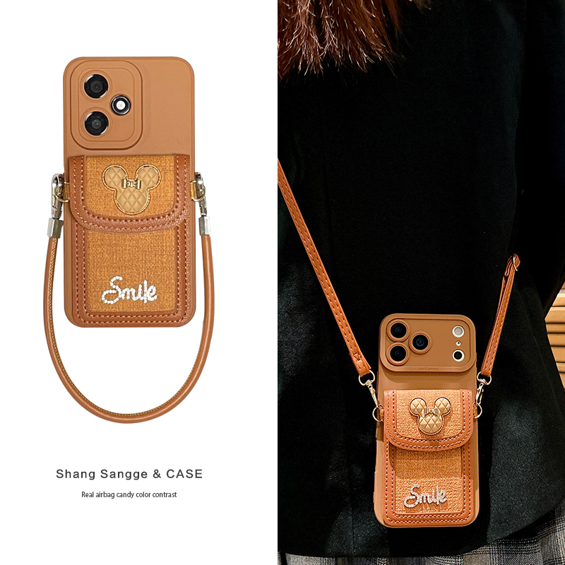 棕色米奇零钱卡包适用华为荣耀500手机壳400保护套300斜跨可背200背包式100镜头全包90Pro硅胶70女款60高级感