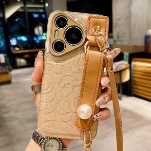 皮质山茶花适用于华为P80Pro手机壳新款Pura70保护套珍珠腕带P60斜跨背带P50镜头全包P40防摔P80ultra高级感