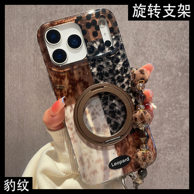 秋冬复古拼接格子豹纹适用于苹果17Promax手机壳iPhone16Pro360度旋转支架IP15新款小众14保护套防摔13女17PM