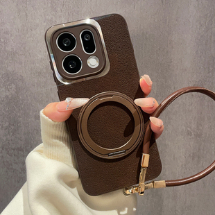 月坑纹皮质深咖色适用OPPOfindx9手机壳findx8新款 复古X6高级感Ultra全包 360度旋转金属支架X7Pro保护套X8S