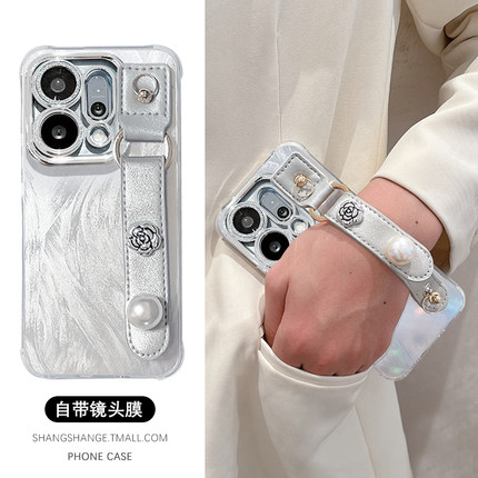 羽纱山茶花珍珠腕带适用OPPOReno15手机壳Reno14保护套Reno13Pro全包Reno12带镜头膜11斜跨10背带9高级感8女7