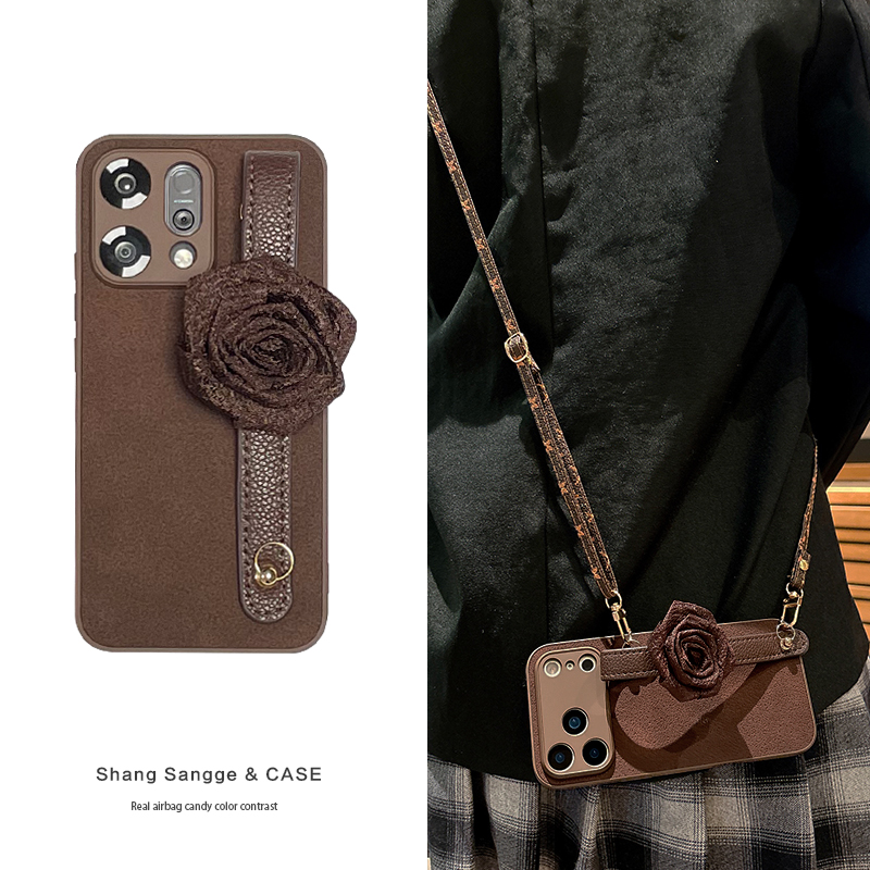 月坑纹玫瑰花腕带适用OPPOfindx9手机壳新款复古findx8Pro斜跨可背findx7高级感X6保护套X5全包防摔女款挂绳