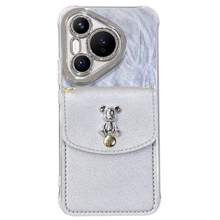 羽纱银色小熊卡包适用于华为Pura80手机壳P70Pro新款高级感P60斜跨背包式P50全包镜头膜P40防摔外壳P80Ultra