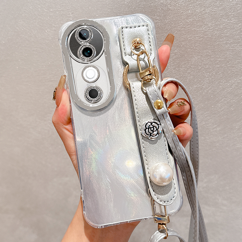 羽纱银色山茶花珍珠腕带适用vivos20手机壳s19保护套s18Pro全包s17镜头膜s16斜跨背带s15挂绳s12高级感s10女