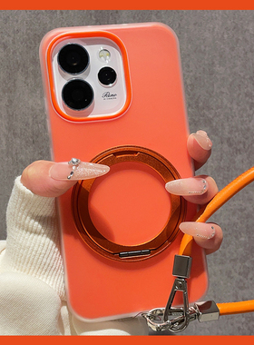 橙色二合一双层适用OPPOReno15手机壳Reno14新款360金属旋转支架Reno13Pro保护套12个性简约11防摔外壳女情侣