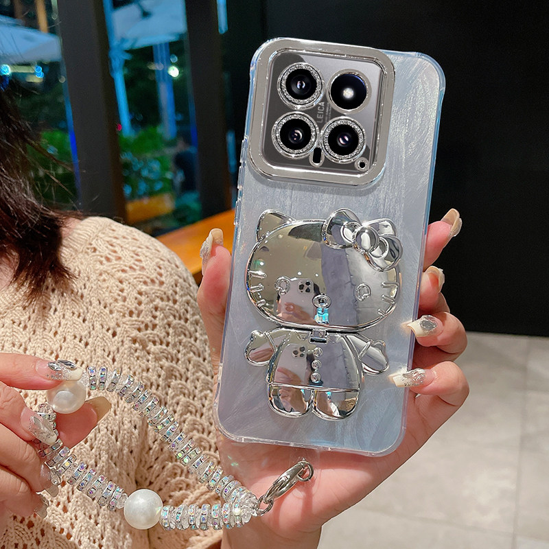羽纱卡通KT猫支架适用于小米15手机壳14Pro保护套带手链13全包镜头膜12时尚化妆镜11防摔渐变外壳12X女款12S