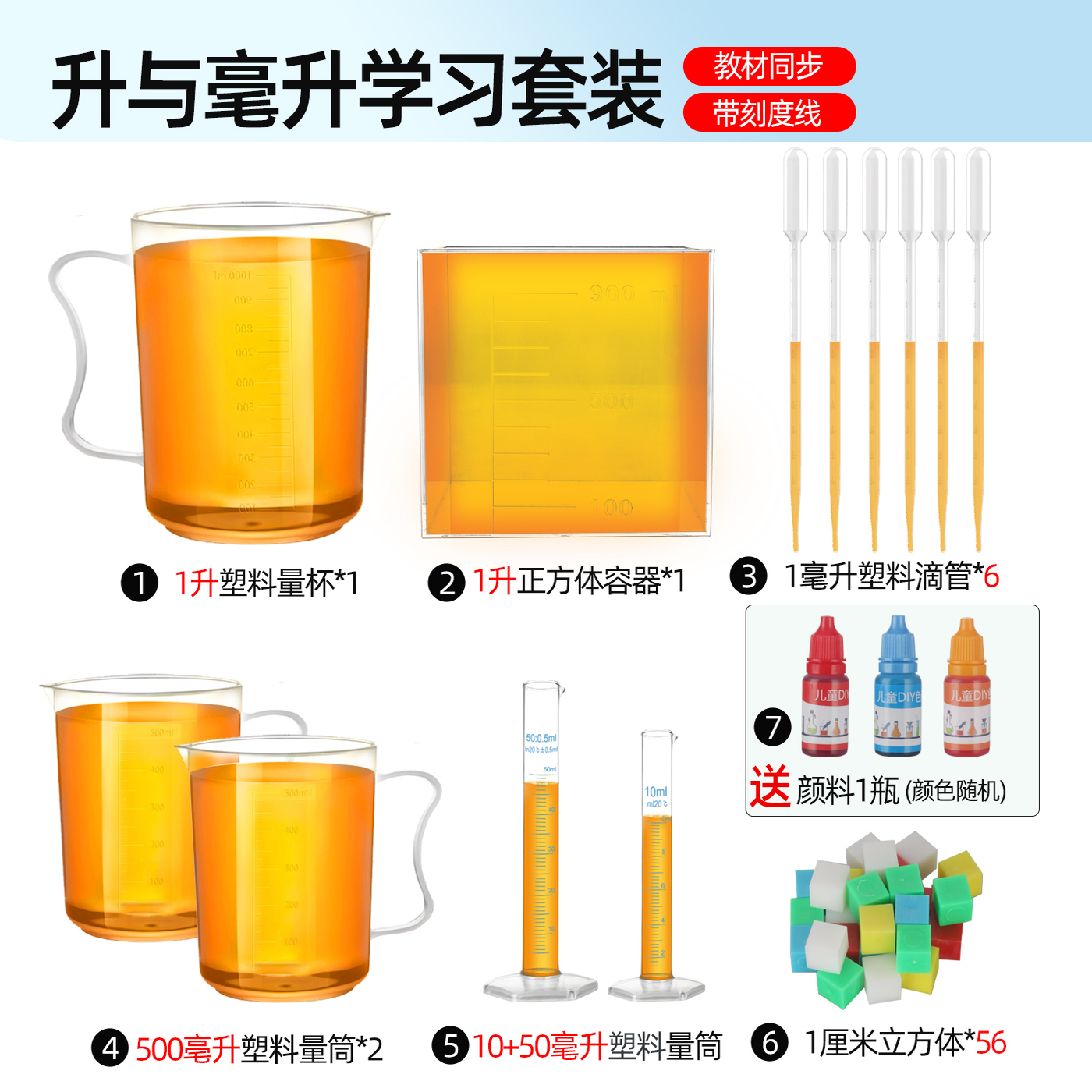 4四年级升和毫升数学学具教具一升水刻度量杯边长棱长1分米正方体容器升与毫升滴管体积容量单位学习套装演示