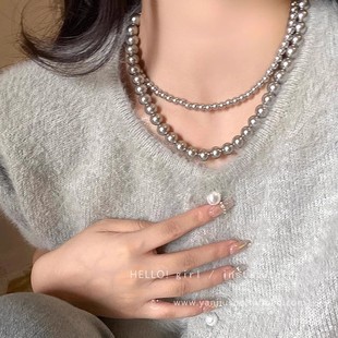 锁骨链 秋冬毛衣链配饰高级感法式 麻灰色小众珍珠项链2025新款 爆款