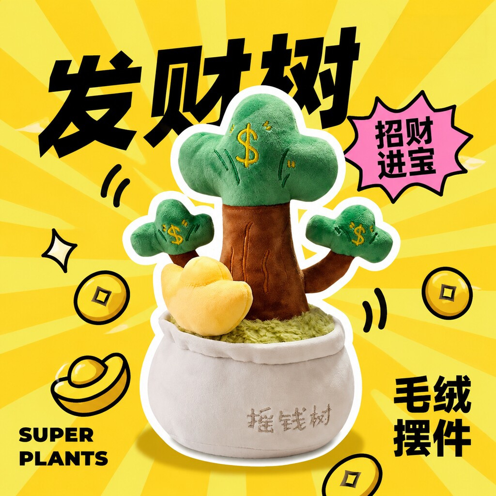 摇钱树玩偶盆栽小摆件有钱花开学生日礼物女生发财树公仔毛绒盆栽