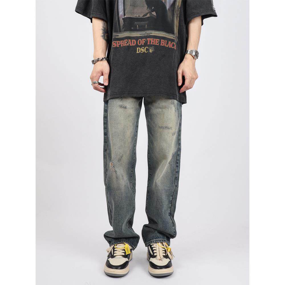 Z POCKET高街美式复古阔腿破洞牛仔裤男款直筒宽松裤子潮牌女秋季