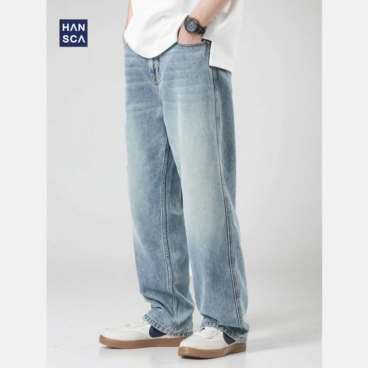 hansca莱赛尔天丝牛仔裤男潮牌2026春夏薄款直筒宽松垂感阔腿长裤