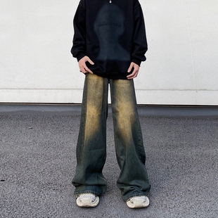 美式复古水洗做旧vintage休闲牛仔裤男宽松直筒阔腿拖地垂感裤子