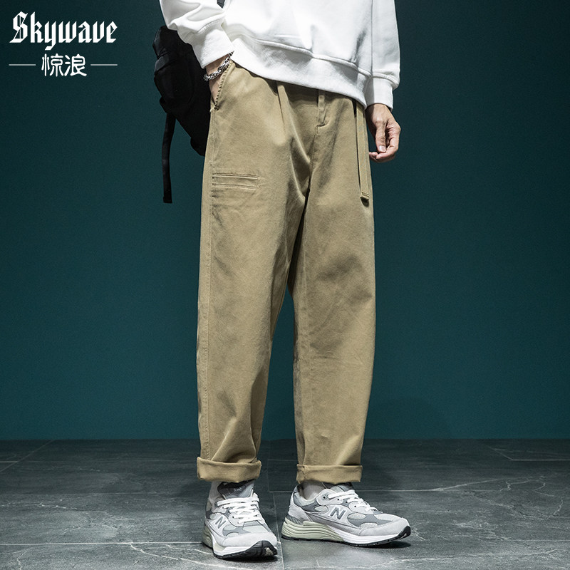 高端卡其色休闲裤男宽松大码直筒工装裤秋季新款男装运动裤锥形裤