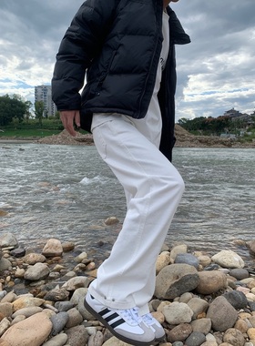 07QWER 四季通勤白色简约男春秋牛仔裤韩版情侣直筒休闲阔腿裤