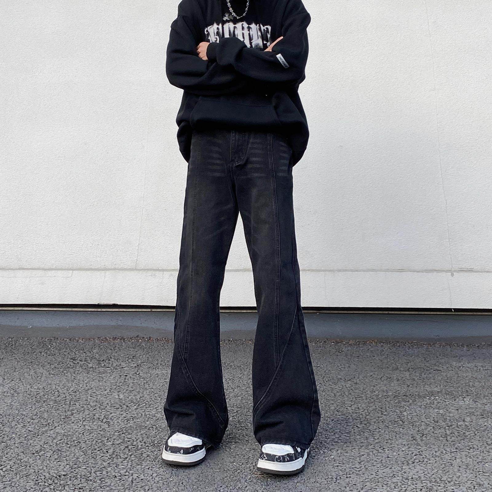 美式复古水洗做旧拼接牛仔裤男直筒宽松微喇vibe高街设计感长裤子