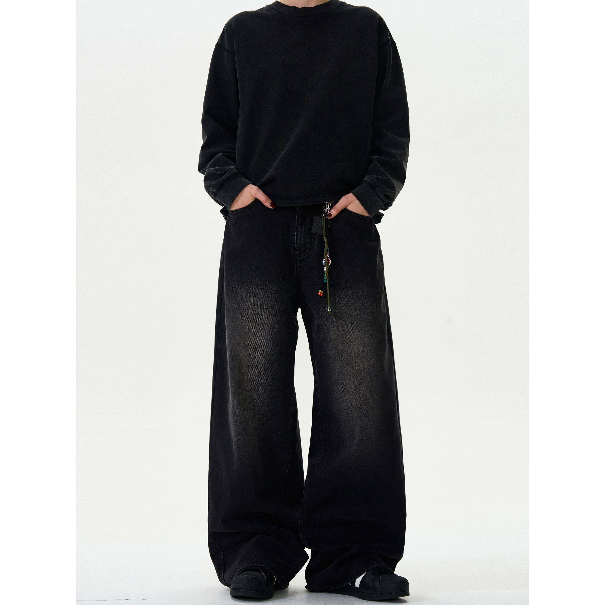 MADWITCH复古水洗bootcut牛仔裤男女宽松休闲阔腿直筒黑色裤子ins