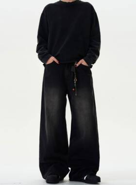 MADWITCH复古水洗bootcut牛仔裤男女宽松休闲阔腿直筒黑色裤子ins