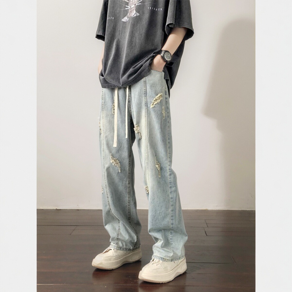 冰丝牛仔裤男夏季薄款美式高街vibe水洗破洞潮牌宽松直筒休闲长裤
