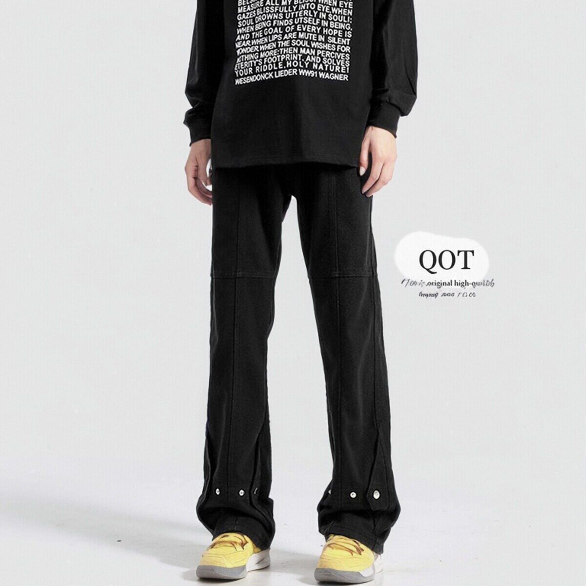 美式机能牛仔裤夏季男女高街微喇裤潮牌宽松黑色直筒排扣休闲裤子