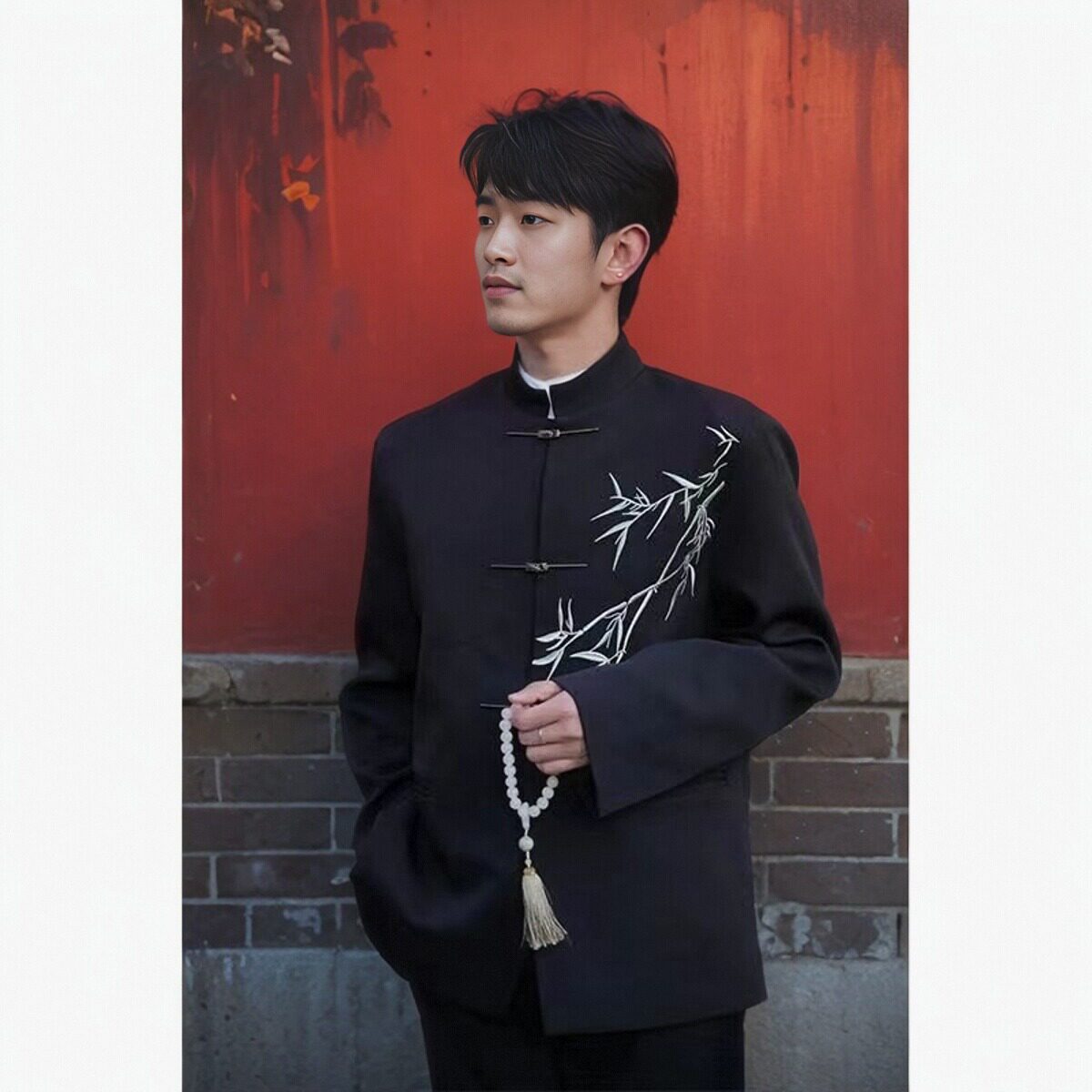 新中式男装中国风翠竹刺绣垫肩西装外套男春季改良中山装套装上衣