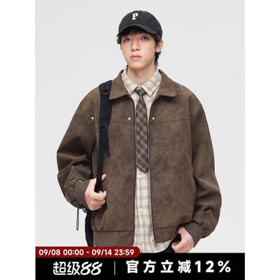 AWRB美式复古翻领皮衣男春秋季新款潮牌宽松百搭潮流夹克休闲外套