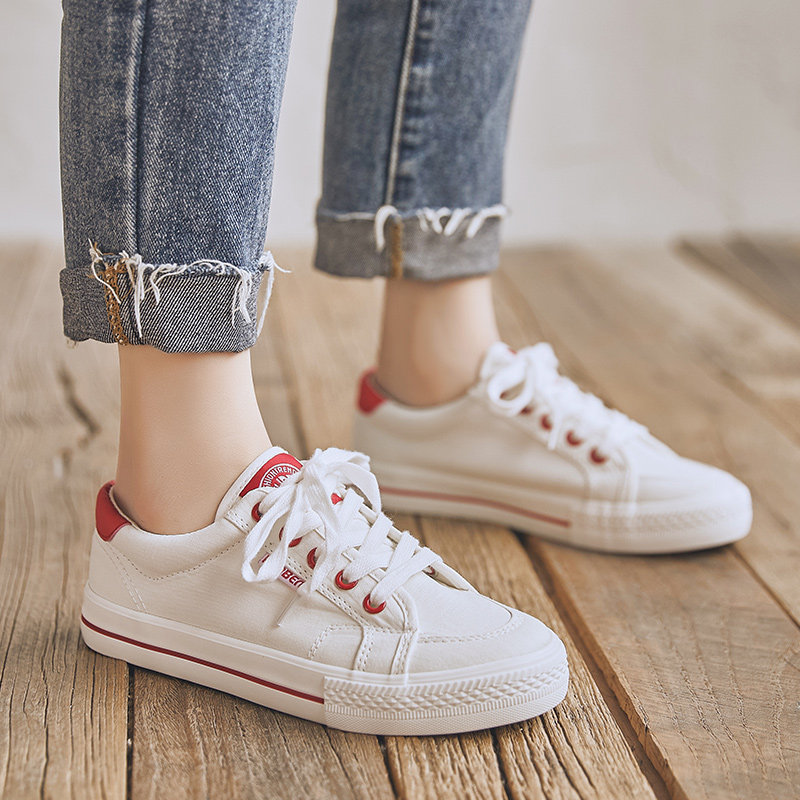 人本白色帆布鞋女2021年夏季低帮百搭休闲白鞋学生平底板鞋小白鞋