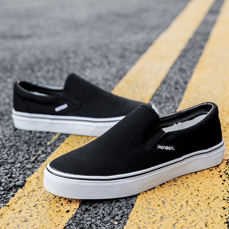 人本男鞋春季潮鞋懒人一脚蹬鞋男板鞋老北京布鞋套脚鞋黑色帆布鞋