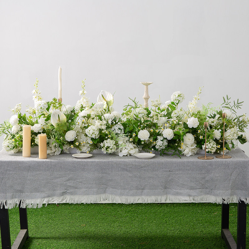 白绿色桌花仿真花摆件婚礼签到桌装饰摆件结婚宴会台花长条花艺