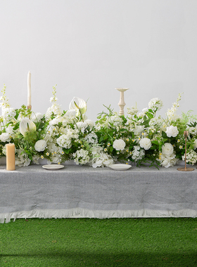 白绿色桌花仿真花摆件婚礼签到桌装饰摆件结婚宴会台花长条花艺