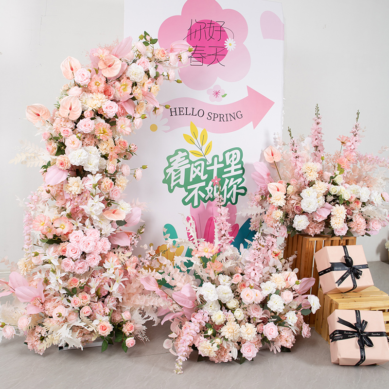 粉色仿真花婚礼活动场景摆花舞台展位拱门花架路引地花排花假花