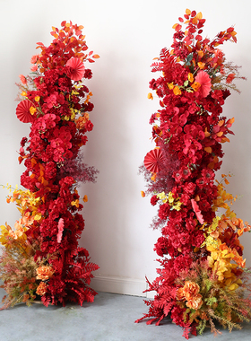 婚庆拱门秋红色花拱门摆件酒店门口迎宾花柱结婚庆典花架仿真花
