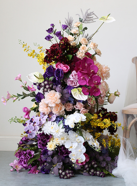商业花艺布置壁挂花艺紫色拱门舞台直播墙壁挂花高级仿真绢花定制