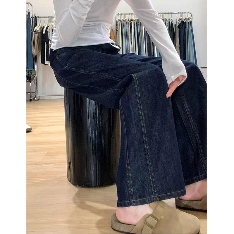 大码复古深蓝色牛仔裤女春秋胖mm梨形身材宽松高腰显瘦直筒阔腿裤