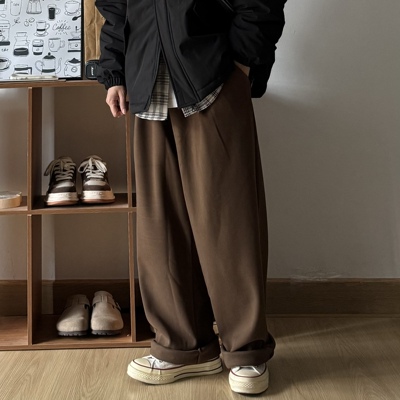 秋冬复古直筒带褶垂感加厚长裤