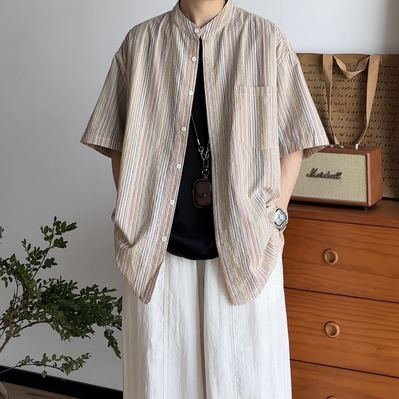 BUTQIU日系立领撞色条纹短袖衬衫男女夏季慵懒风休闲半袖上衣衬衣