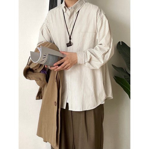 B东日系男装长袖条纹衬衫