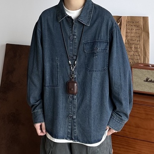 B东日系男装 廓形宽松百搭帅气薄外套男女 复古中国风盘扣牛仔衬衫