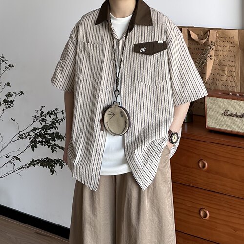 B东日系男装条纹翻领撞色短袖衬衫男女泡泡纱薄款宽松情侣衬衣