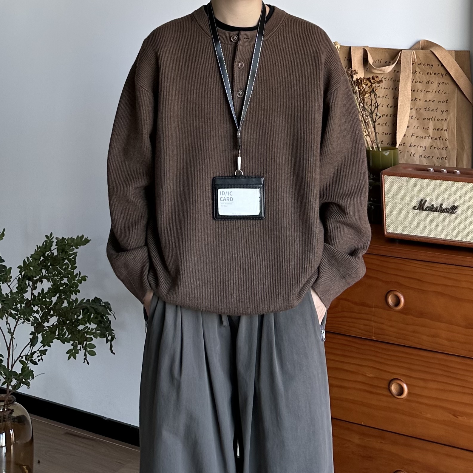 BUTQIU日系复古秋冬亨利领套头毛衣男女通勤百搭打底衫针织上衣