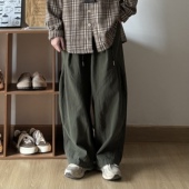 阔腿百搭松紧腰设计休闲长裤 裤 子男 复古纯色宽松工装 B东日系男装