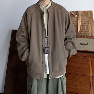 B东日系男装复古纯色华夫格无领外套宽松松弛感中性风夹克上衣男