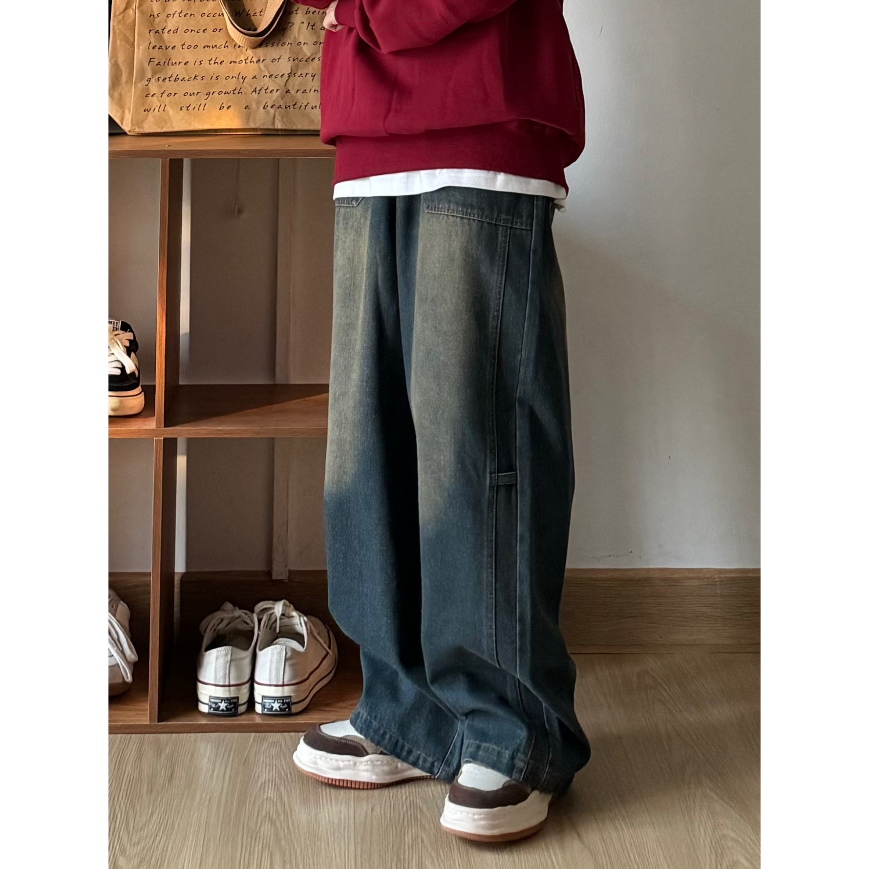 B东日系男装秋冬复古松紧腰宽松阔腿水洗拼接垂感中性牛仔裤长裤