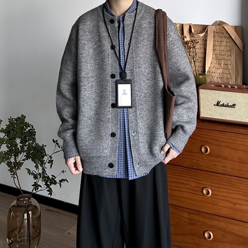 BUTQIU日系复古秋冬高级感通勤针织开衫中性男女宽松休闲毛衣外套