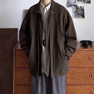 B东日系男装秋冬复古咖色水洗棉宽松廓形氛围感夹克无性别外套